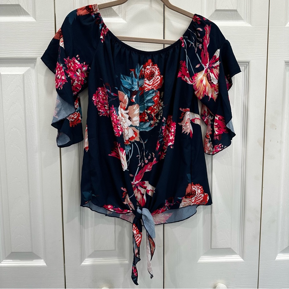 Lucky Brand Dark Blue Floral Blouse with Tie